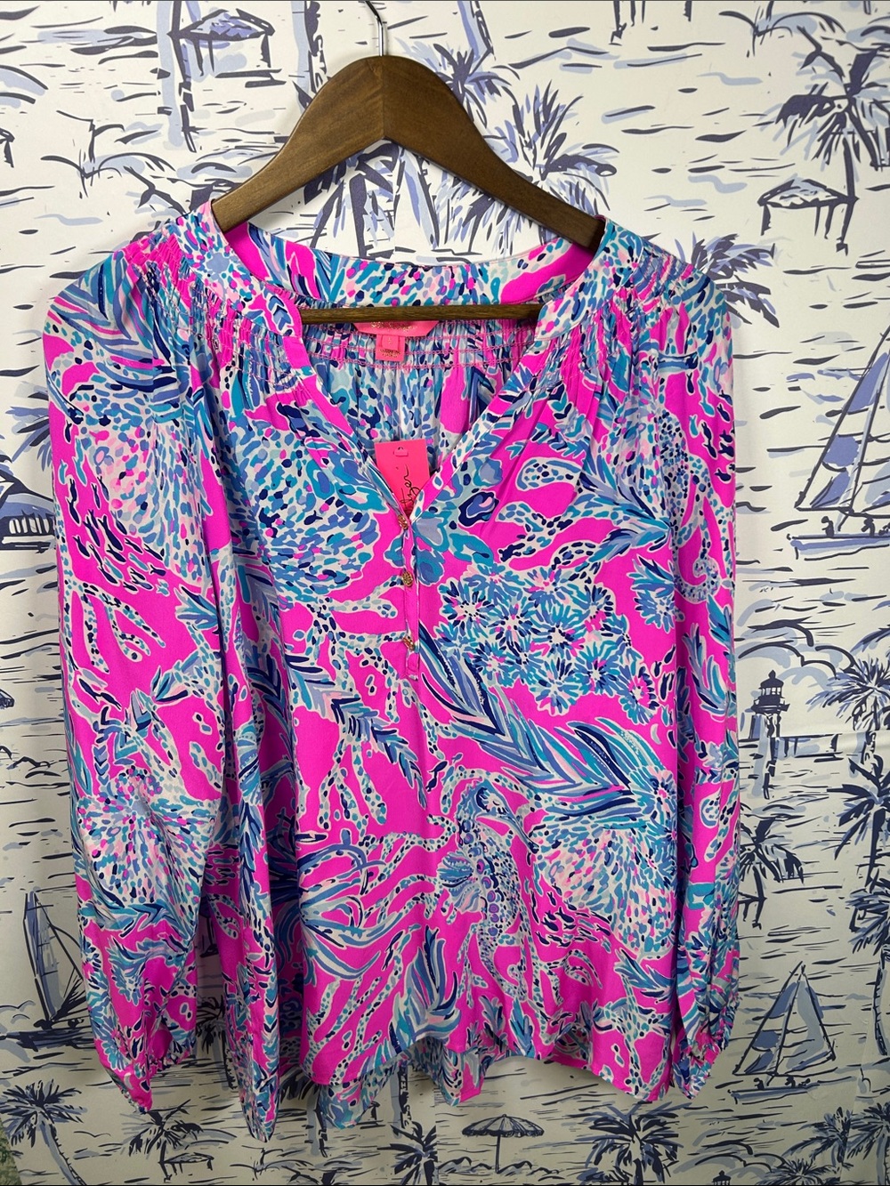 Lilly Pulitzer Hot Pink & Blue Tropical Print V-Neck Blouse